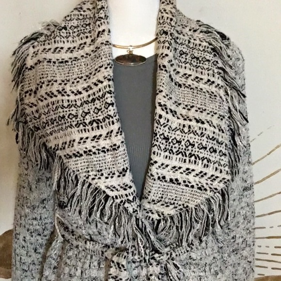 Lucky Brand Chic Boho Belted Trench Style Sweater with Fringe Trim - Picture 2 of 10